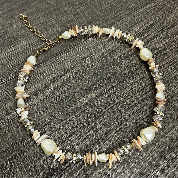 Vintage Jewelry - Vintage Pearl, Shell, Bead, and Crystal Necklace, Adj Approx 17-20”